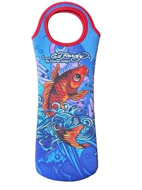 Ed Hardy Wine Bottle Tote Koi Fish Graphic Neoprene Holder 14"
